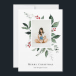 Merry Christmas Winter Berry Botanical Photo Holiday Card<br><div class="desc">Elegant watercolor winter berry botanical,  3 photo holiday card. Card features,  elegant watercolor frames of red winter berries and botanical greenery with coordinating soft silver gray color backing. Single vertical photo on front and two horizontal photos on back.</div>