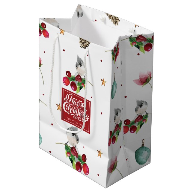 Merry Christmas Winter Bird Pattern Personalised Medium Gift Bag (Front Angled)