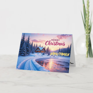 Merry Christmas Winter Cabin Sunset Holiday Card