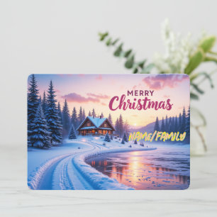 Merry Christmas Winter Cabin Sunset Holiday Card