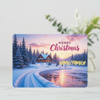 Merry Christmas Winter Cabin Sunset Holiday Card