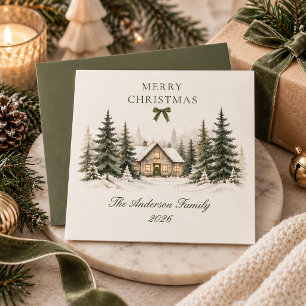 Merry Christmas Winter Cottage Olive Green Family Holiday Card