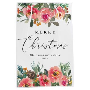Merry Christmas Winter Floral & Pine Branch Medium Gift Bag