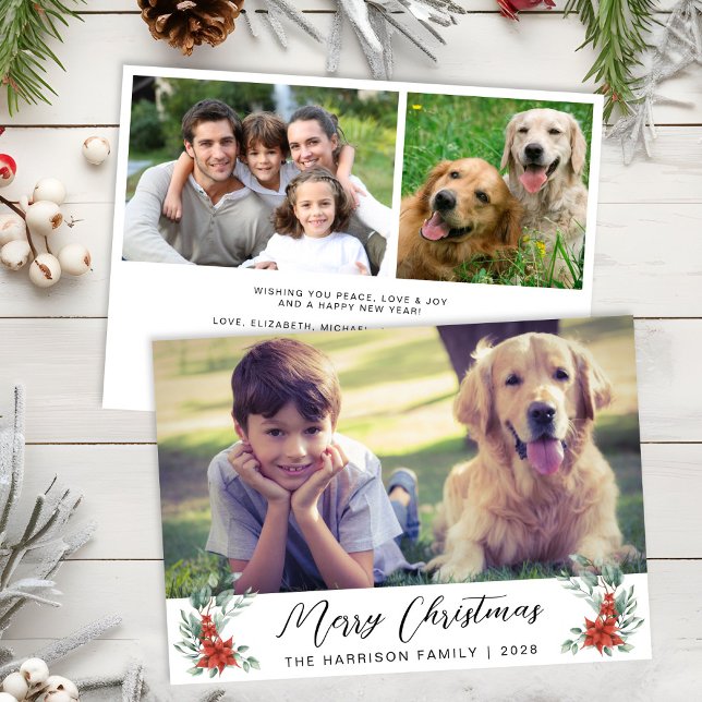 Merry Christmas Winter Florals 3 Photo Holiday Card (Creator Uploaded)