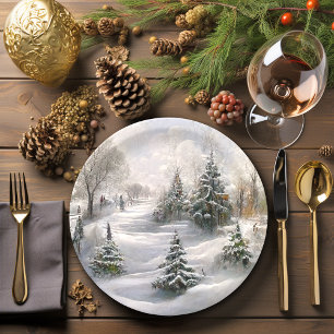 Merry Christmas Winter Forest Landscape  Paper Plate