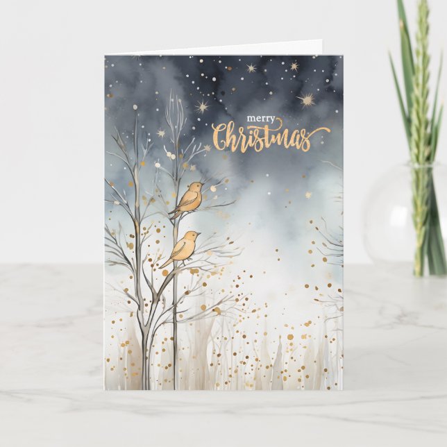 Merry Christmas Winter Forest Wild Birds Navy Holiday Card (Front)