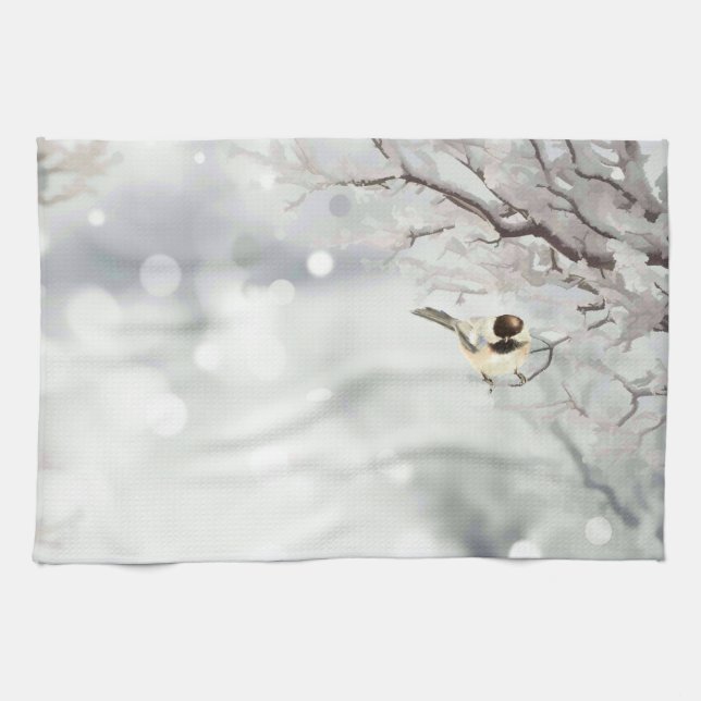 Merry Christmas Winter Frost Bird Traditional Tea Towel (Horizontal)