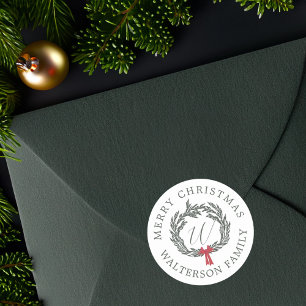 Merry Christmas Winter Garland Wreath Monogram Classic Round Sticker