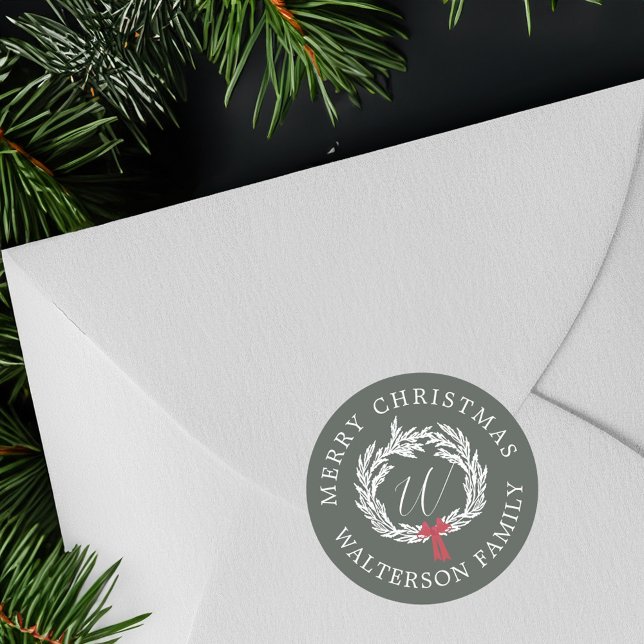 Merry Christmas Winter Garland Wreath Monogram Classic Round Sticker (Creator Uploaded)