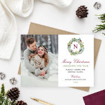 Merry Christmas Winter Greenery Monogram Photo Holiday Card<br><div class="desc">This elegant Merry Christmas and Happy New Year holiday card features a portrait photo adjacent to a beautiful floral watercolor winter greenery wreath with custom burgundy monogram initial. Stylish burgundy red, green, and dark grey text includes "Our New Home for the Holidays" text along with your new address. A coordinating...</div>