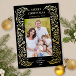 Merry Christmas Winter Greenery Photo Gold<br><div class="desc">This black Christmas card features an elegant gold foil winter greenery border that frames the vertical photo.</div>