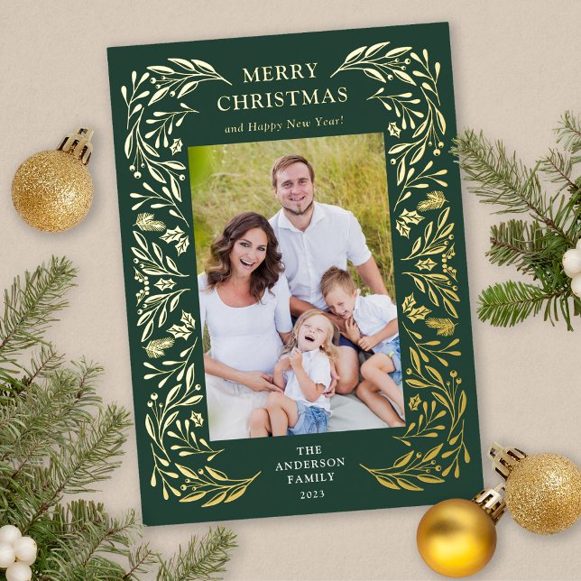 Merry Christmas Winter Greenery Photo Gold (Gold Foil Christmas Card)