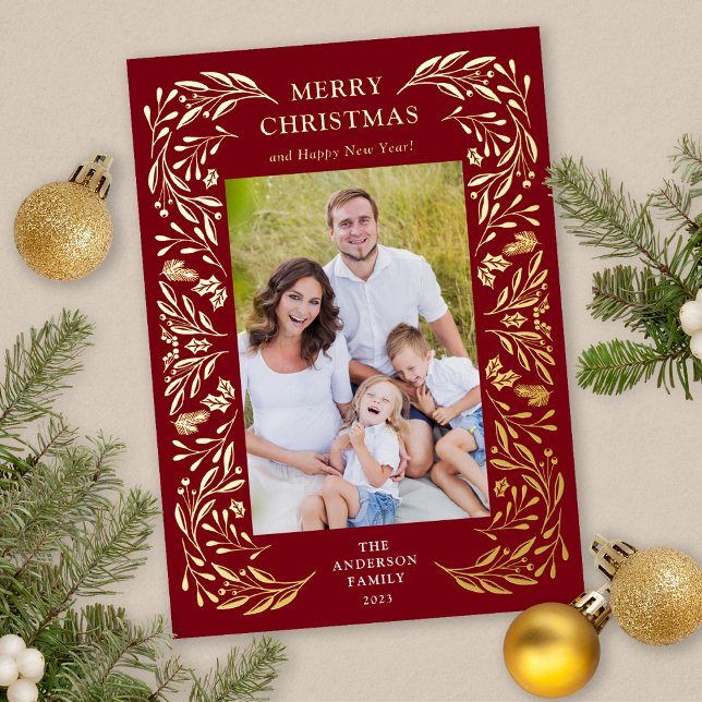Merry Christmas Winter Greenery Photo Gold (Gold Foil Christmas Card)
