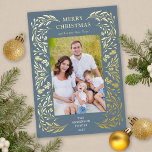 Merry Christmas Winter Greenery Photo Gold<br><div class="desc">This vertical Christmas card features an elegant gold foil winter greenery border on a dark dusty blue background.</div>