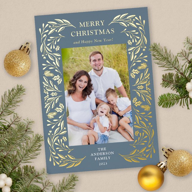 Merry Christmas Winter Greenery Photo Gold (Gold Foil Christmas Card)
