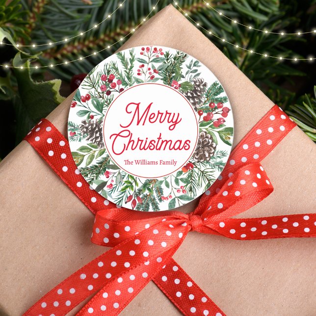 merry christmas winter greenery red calligraphy  classic round sticker (Creator Uploaded)