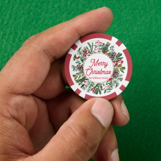merry christmas winter greenery red script classic poker chips (Hand)