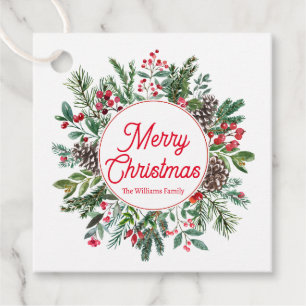 merry christmas winter greenery red script  favour tags