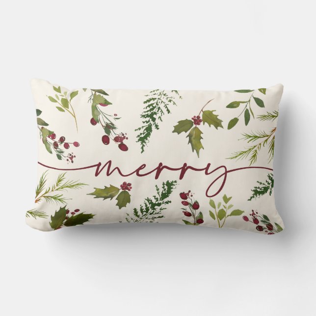 Merry Christmas Winter Holly Berry Greenery  Lumbar Cushion (Front)