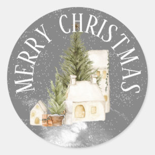 MERRY CHRISTMAS Winter House with Evergreen Classic Round Sticker