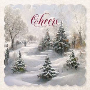 Merry Christmas Winter Landscape Pine Forest Paper Coaster
