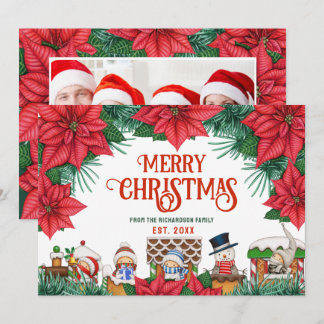 Merry Christmas Winter Poinsettia Red Custom Photo Holiday Card