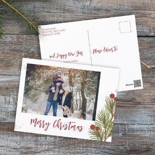 Merry Christmas Winter Red Holly Berries 1 Photo Holiday Postcard
