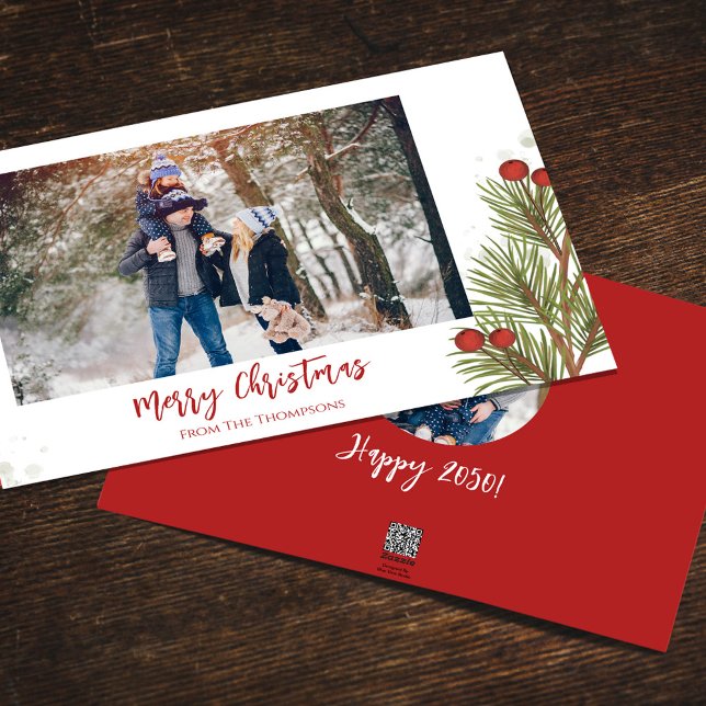 Merry Christmas Winter Red Holly Berries 2 Photo Holiday Card (Merry Christmas watercolor greenery holiday photo card with a two photo template. )