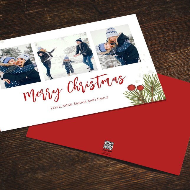 Merry Christmas Winter Red Holly Berries 3 Photo Holiday Card (Merry Christmas watercolor greenery holiday photo card with a three-photo template. )