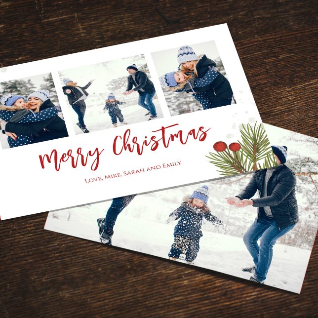 Merry Christmas Winter Red Holly Berries 4 Photo  Holiday Card (Merry Christmas watercolor greenery holiday photo card with a four-photo template. )