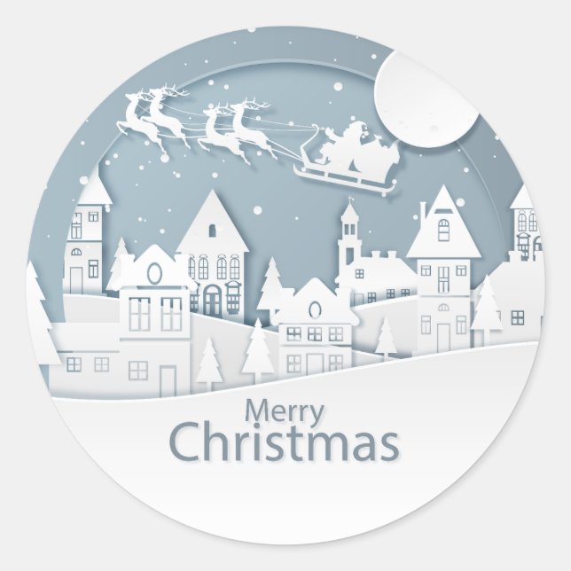 Merry Christmas Winter Reindeer Flying Santa Ride Classic Round Sticker (Front)