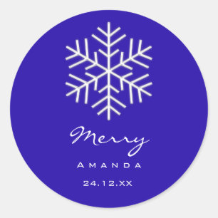 Merry  Christmas Winter Royal Blue Snowflake Classic Round Sticker