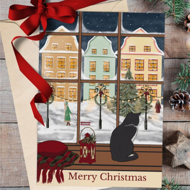 Merry Christmas Winter Scene Cat Greeting Card (Creator Uploaded)