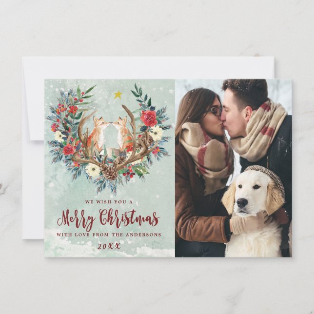 merry christmas winter snow foxes photo card (Front)
