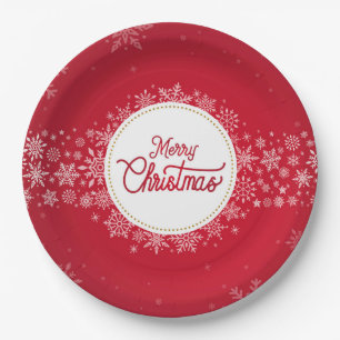 Merry Christmas Winter Snowflakes Red Festive Paper Plate