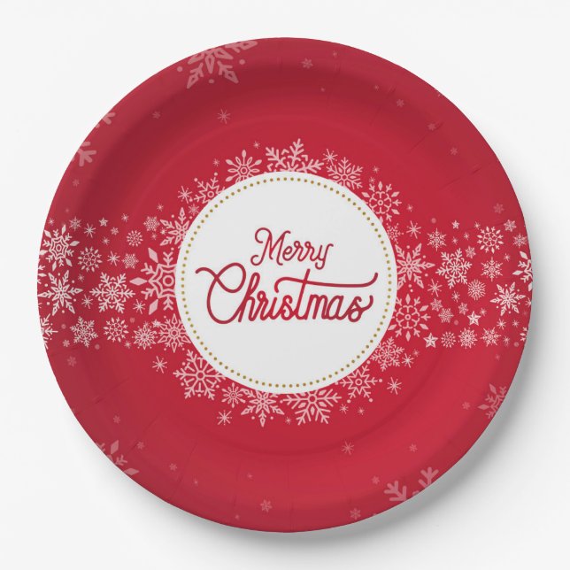 Merry Christmas Winter Snowflakes Red Festive Paper Plate (Front)