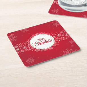 Merry Christmas Winter Snowflakes Red Festive Square Paper Coaster