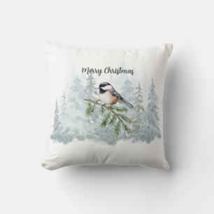 Merry Christmas Winter Spruce Tree Chickadee Cushion