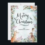 Merry Christmas Winter Woodland Fox Rabbit Card<br><div class="desc">A charming winter woodland Christmas card brings your Merry Christmas wishes. A fox,  rabbit and bird are nestled in Christmas foliage and berries. A light snow is falling. Merry Christmas is written in a fancy calligraphy. Two lines below let you customise your message.</div>