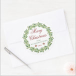 Merry Christmas Winter Wreath Family  Classic Round Sticker<br><div class="desc">Minimalist greenery wreath "Merry Christmas" customisable stickers.</div>
