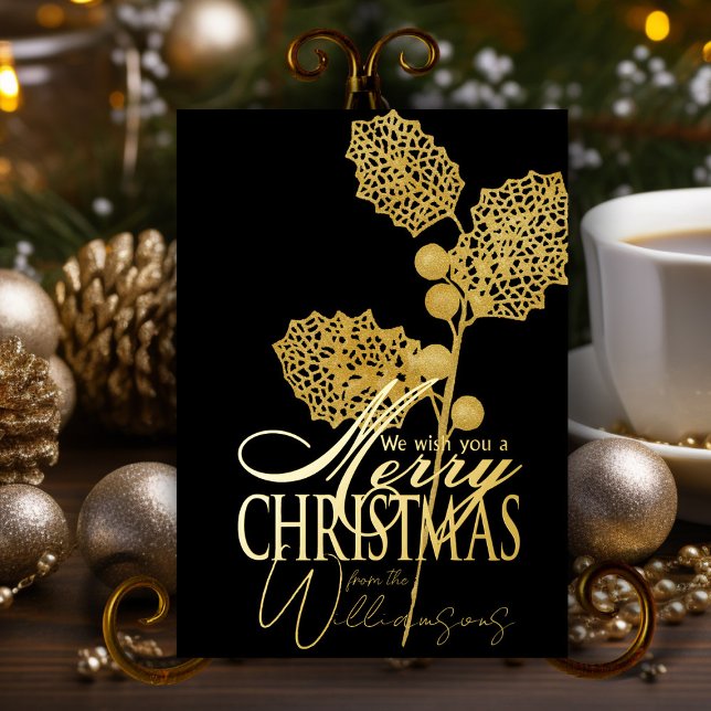 Merry Christmas Wishes Retro Xmas Card Gold Foil (elegant black and gold personalized Christmas card with name and gold foil)