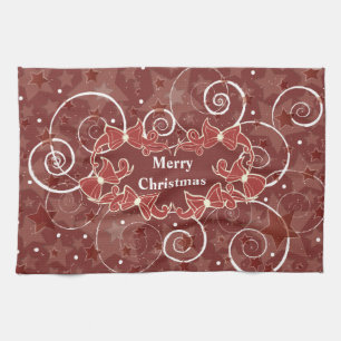 Merry Christmas wishes with bows and stars Tea Towel