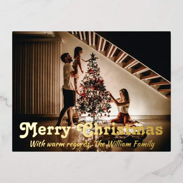 Merry Christmas Wishes with Your Family Photo Foil Holiday Postcard (Front)