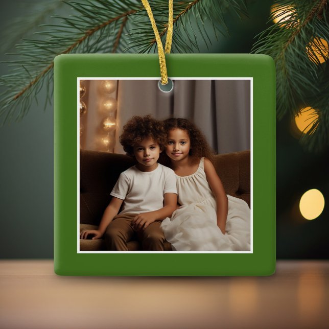 Merry Christmas with 1 Photo - green single sided Ceramic Ornament (Simple minimal photo ornament with a color border)