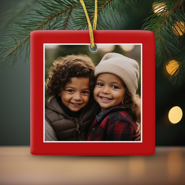 Merry Christmas with 1 Photo - red single sided Ceramic Ornament (Simple minimal photo ornament with a color border)