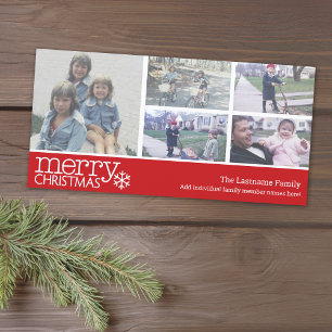 Merry Christmas with 5 photo collage - red chevron Holiday Card