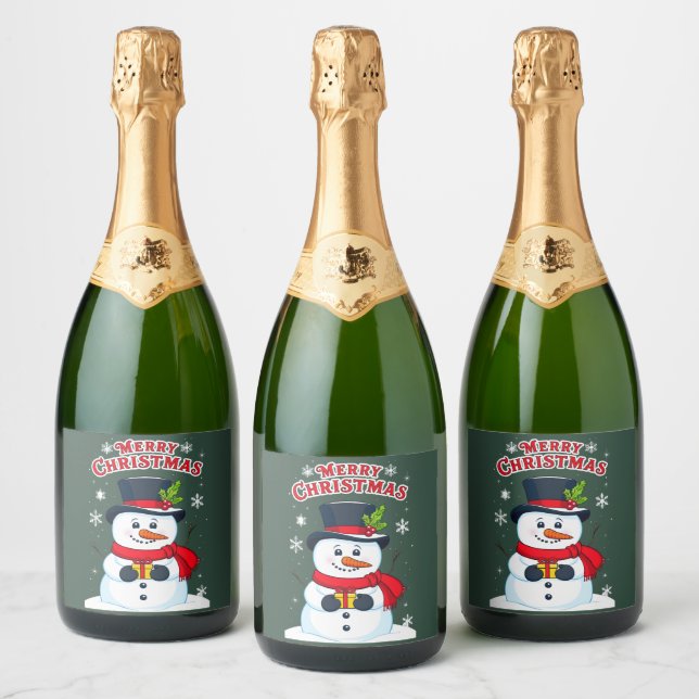 Merry Christmas with a Magic Snow Man Sparkling Wine Label (Bottles)