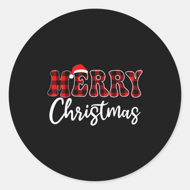 Merry Christmas With Black And Red Plaid Family Me Classic Round Sticker (Front)