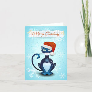 Merry Christmas with Black Cat with Santa's Hat Holiday Card