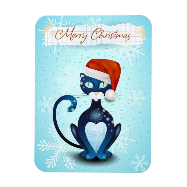 Merry Christmas with Black Cat with Santa's Hat Magnet (Vertical)